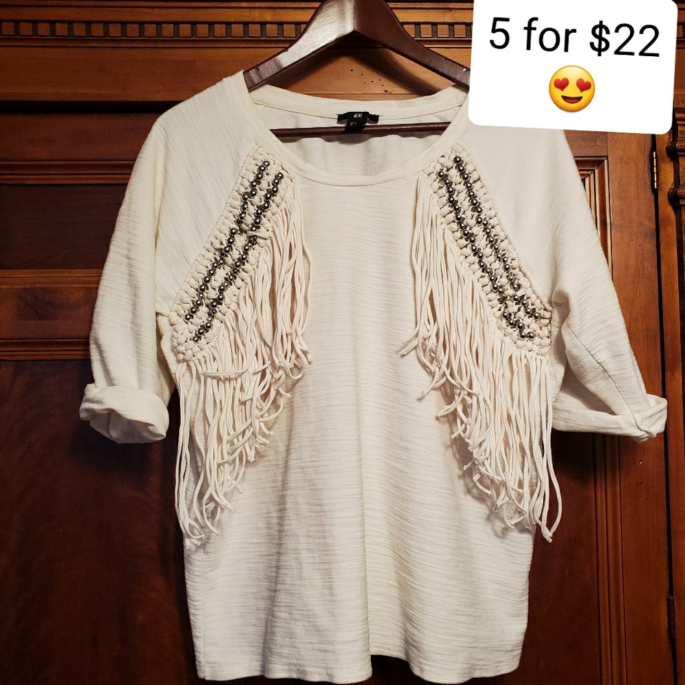 Sale H&M Fringe Blouse Cream Boho